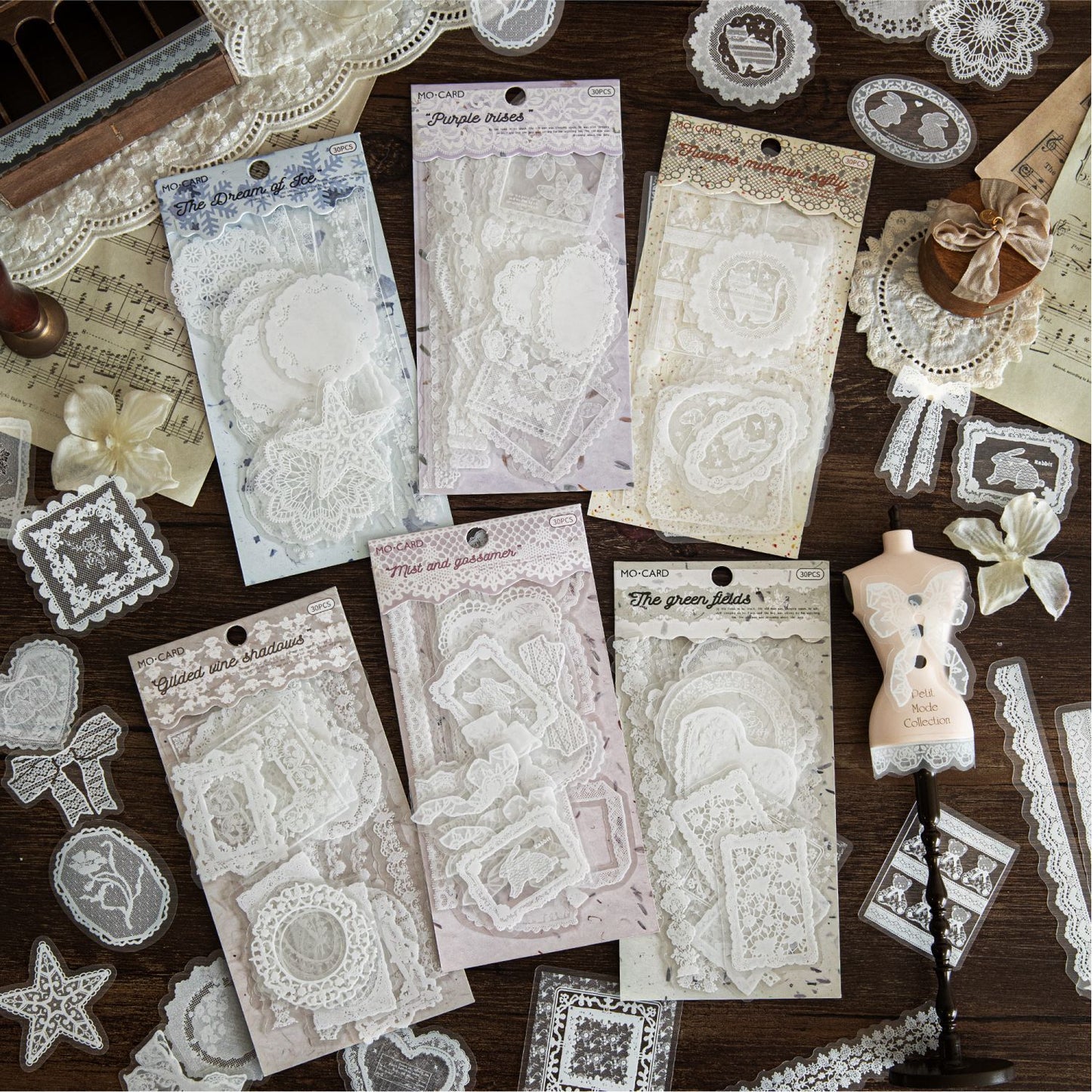 30 Pcs White Lace Themed PET Stickers LSWY