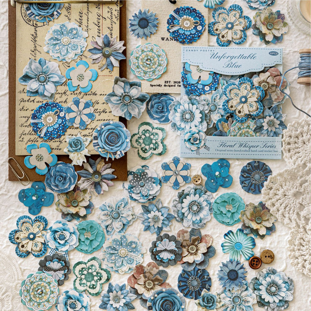 50 Pcs Vintage Handmade Fabric Button Floral Stickers- Blue