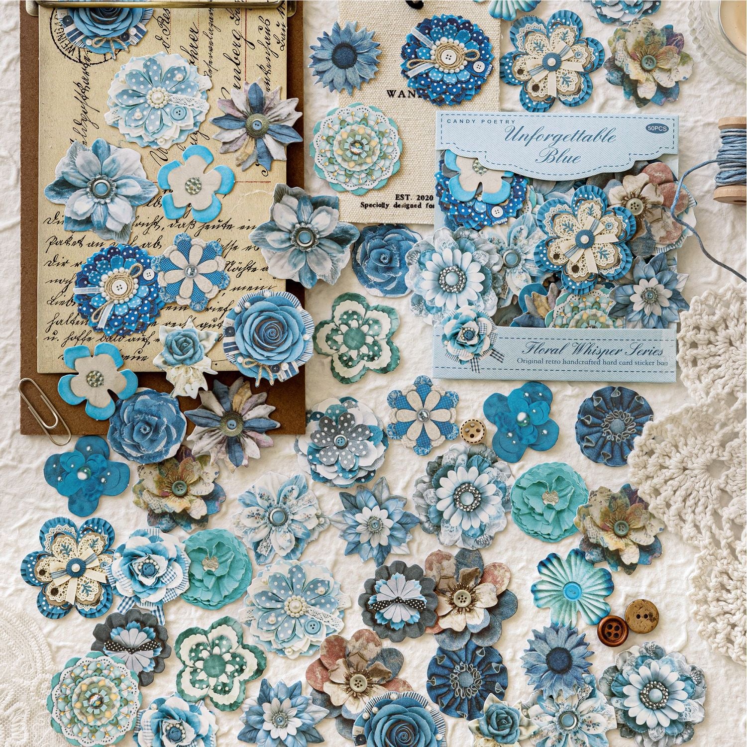 50 Pcs Vintage Handmade Fabric Button Floral Stickers- Blue