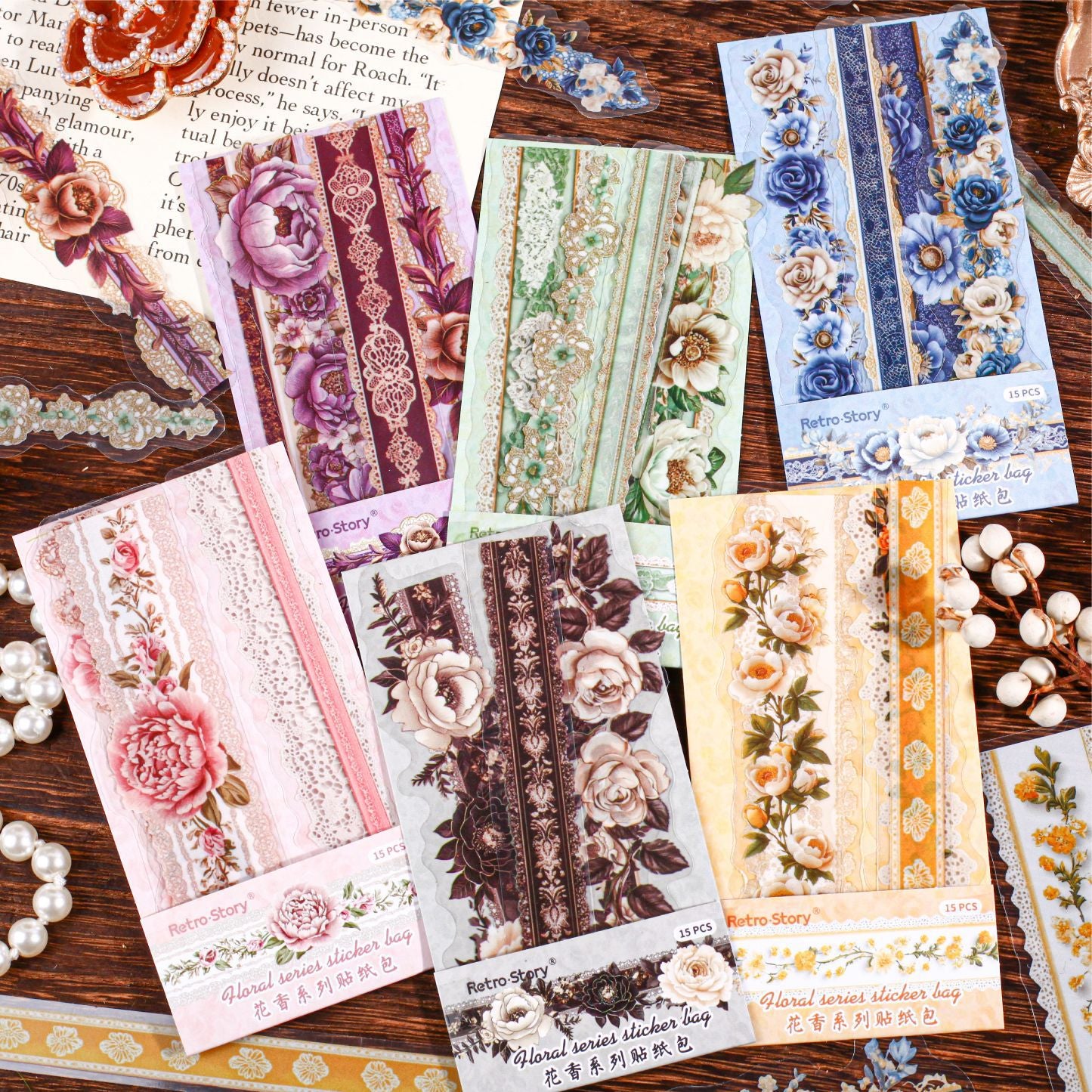 15 Pcs Lace and Flower PET Stickers HXXL