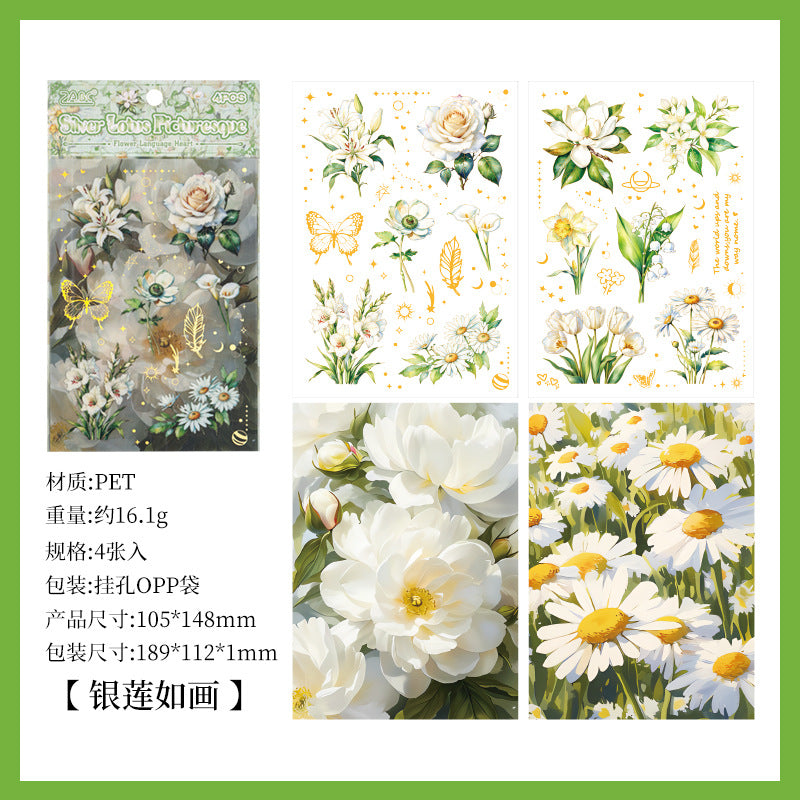 4 Sheets PET Flower Stickers HYXF