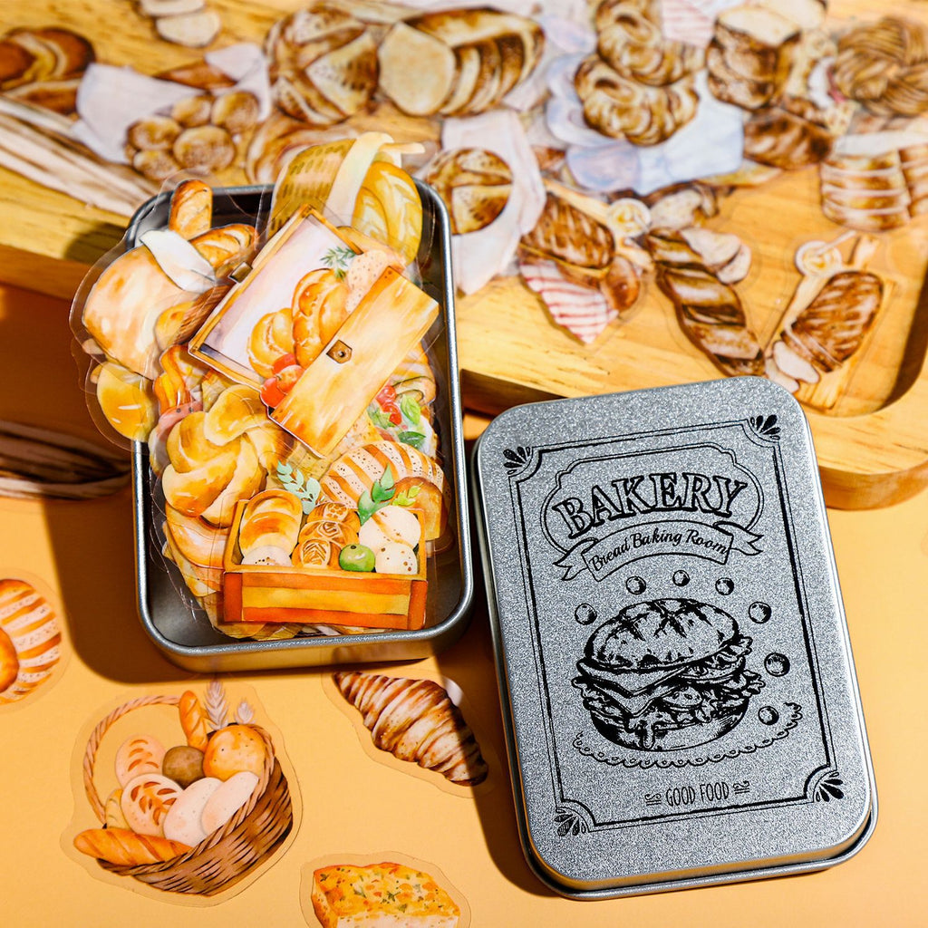 100 Pcs Bread Dessert PET Stickers with Collection Box MBHBS