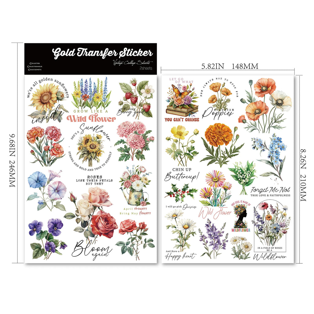 2 Sheets Waterproof Rub on Stickers - Flower Quotes