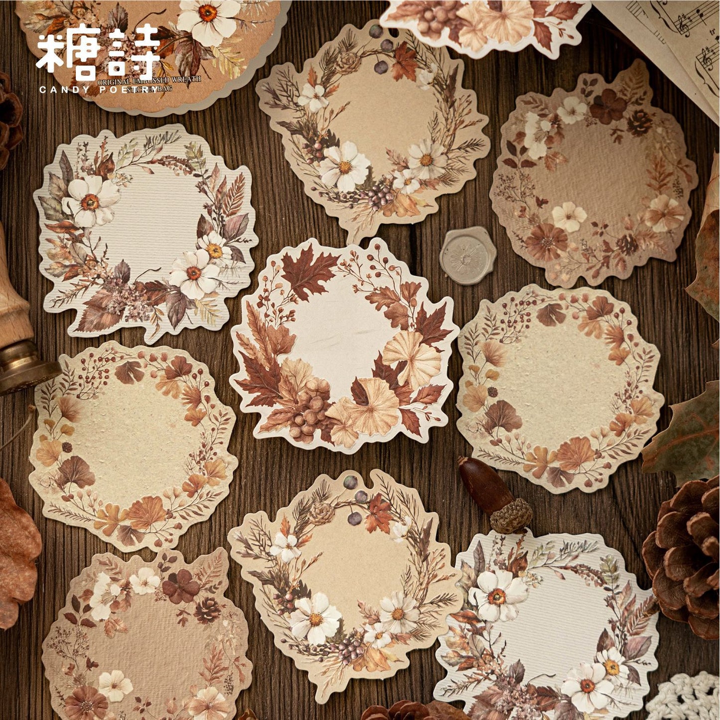 10 Pcs Wreath Themed Embossed Stickers WWZS