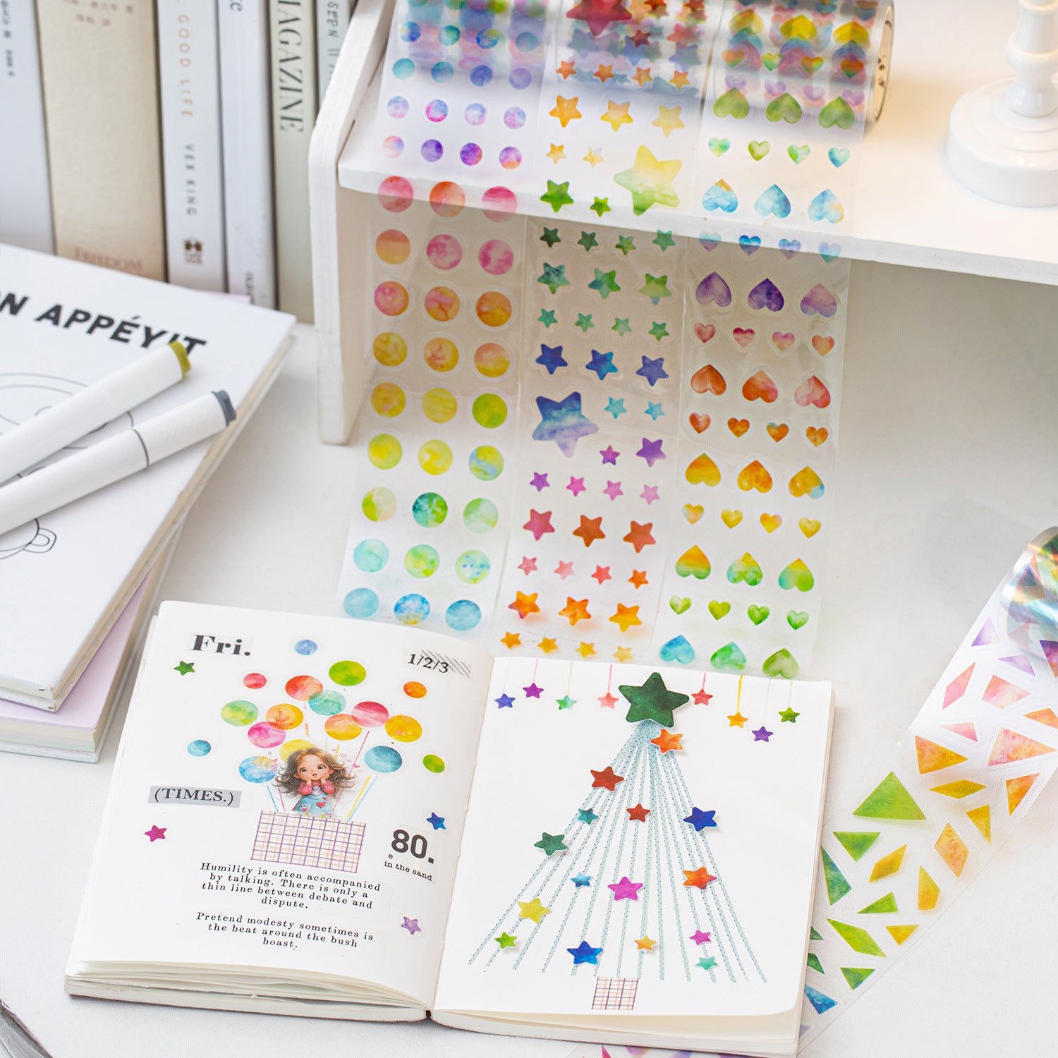 1 Roll Watercolor Dot Heart Star Planner Stickers Tape HCXZ