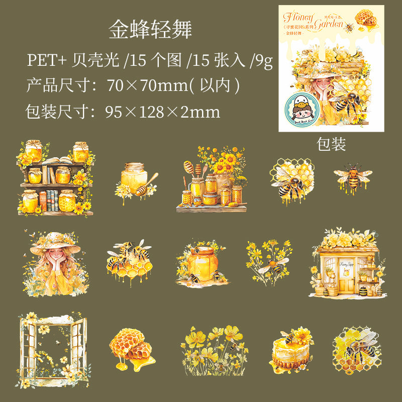 15 Pcs Honeybee Theme PET Stickers XNHY