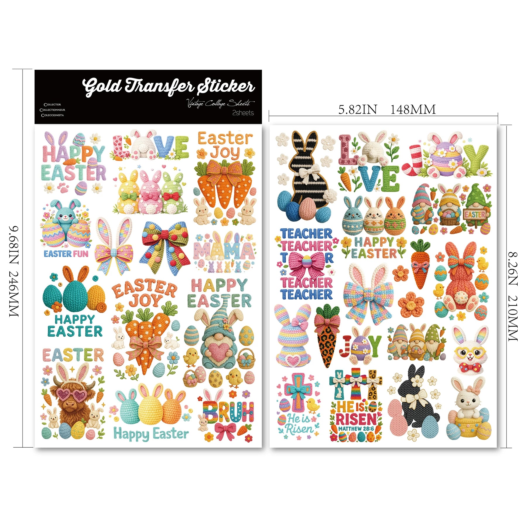 2 Sheets Waterproof Rub on Stickers - Easter Yarn