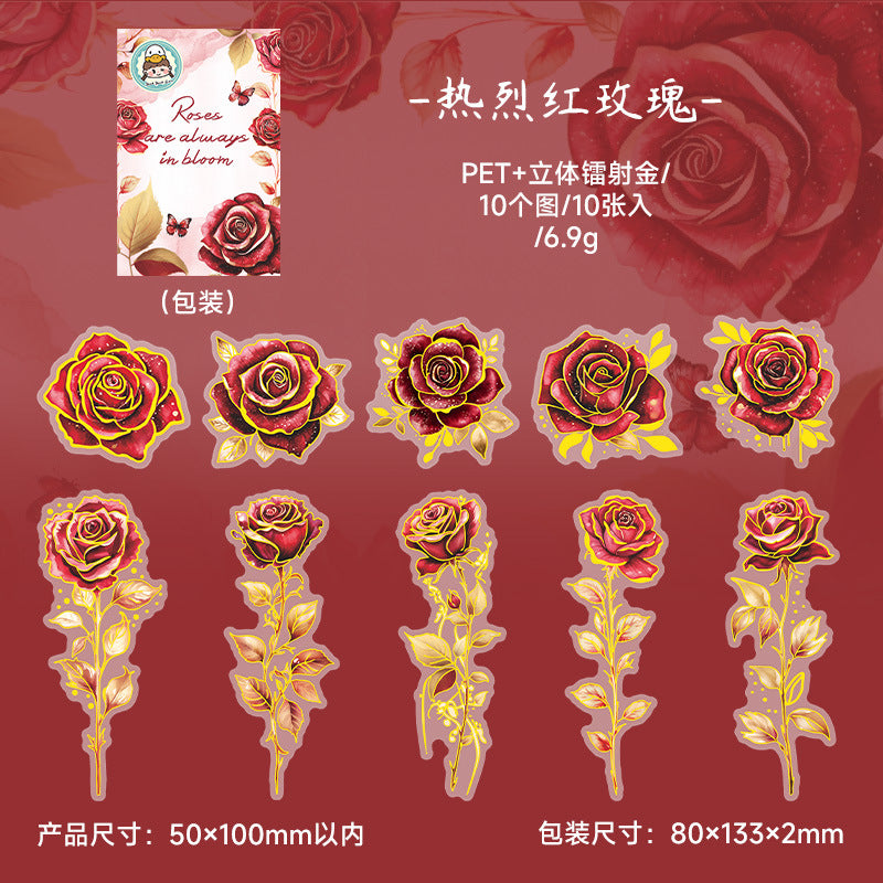 10 Pcs Glitter PET Rose Stickers MGZZHQ