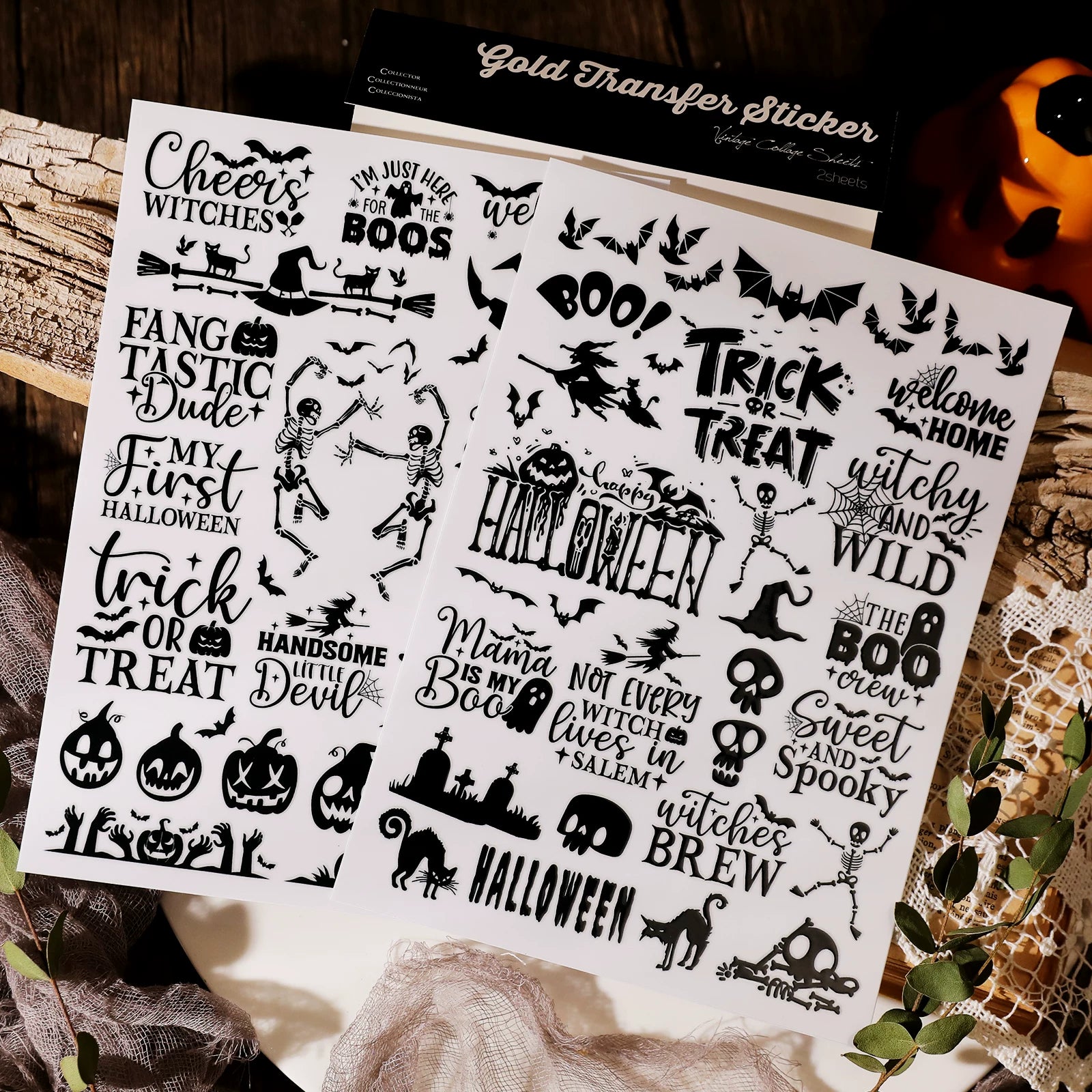 2 Sheets Waterproof Rub on Stickers - Black Halloween