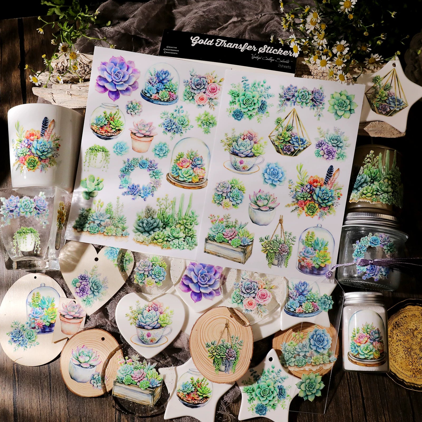 2 Sheets Waterproof Rub on Stickers - Succulents