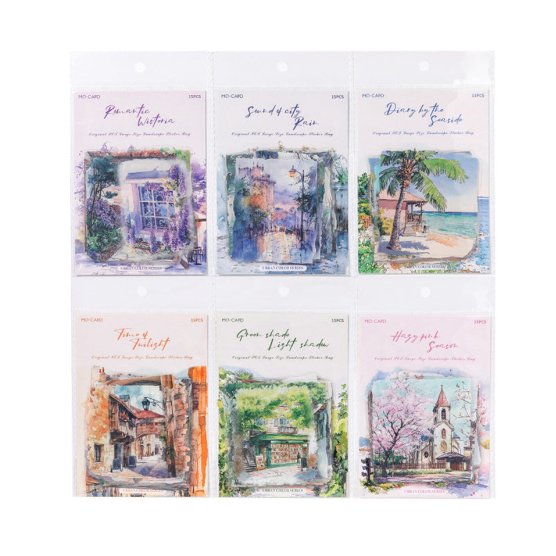 15 Pcs Watercolor Landscape PET Stickers CSSC