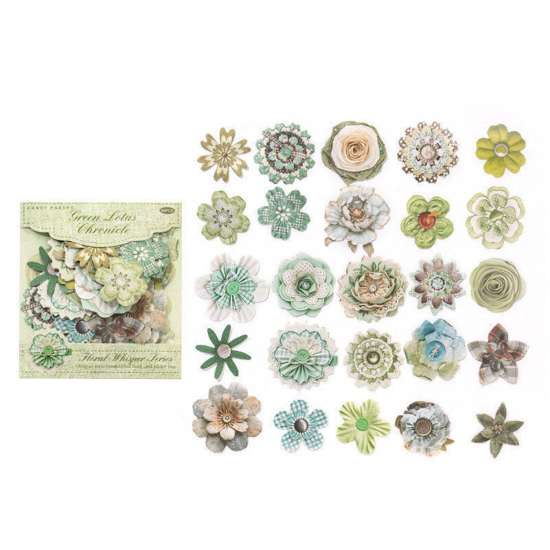 50 Pcs Vintage Handmade Fabric Button Floral Stickers- Mint