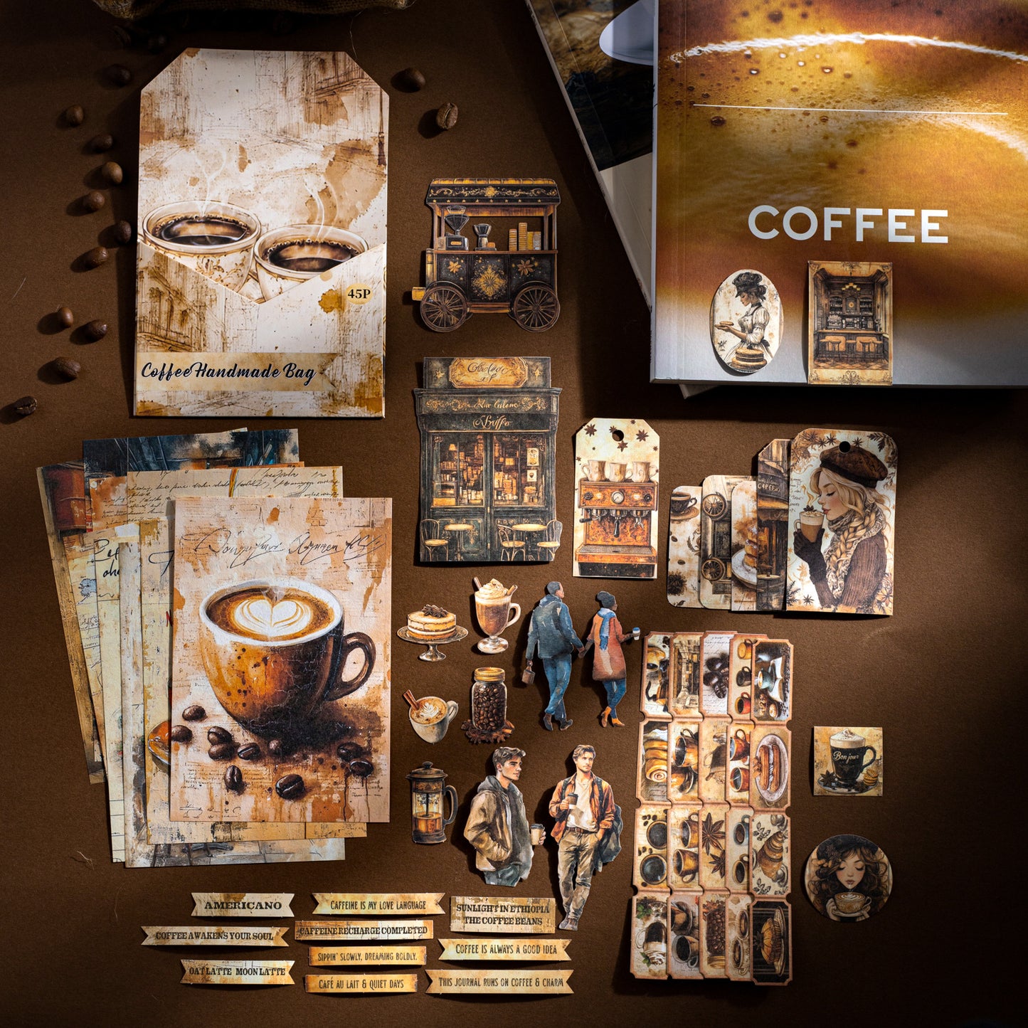45 Pcs Coffee Themed Journal Paper and Stickers Kit KFSZB