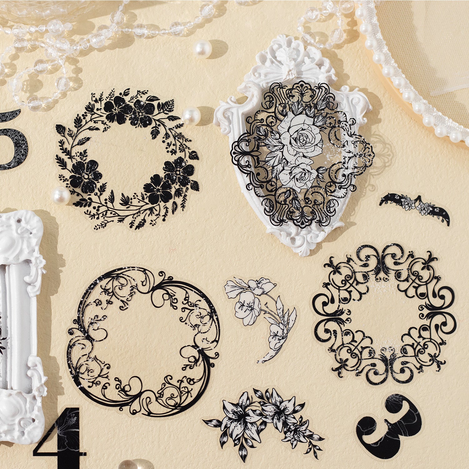 15 Pcs Lace Frame and Numebr PET Stickers FHZY