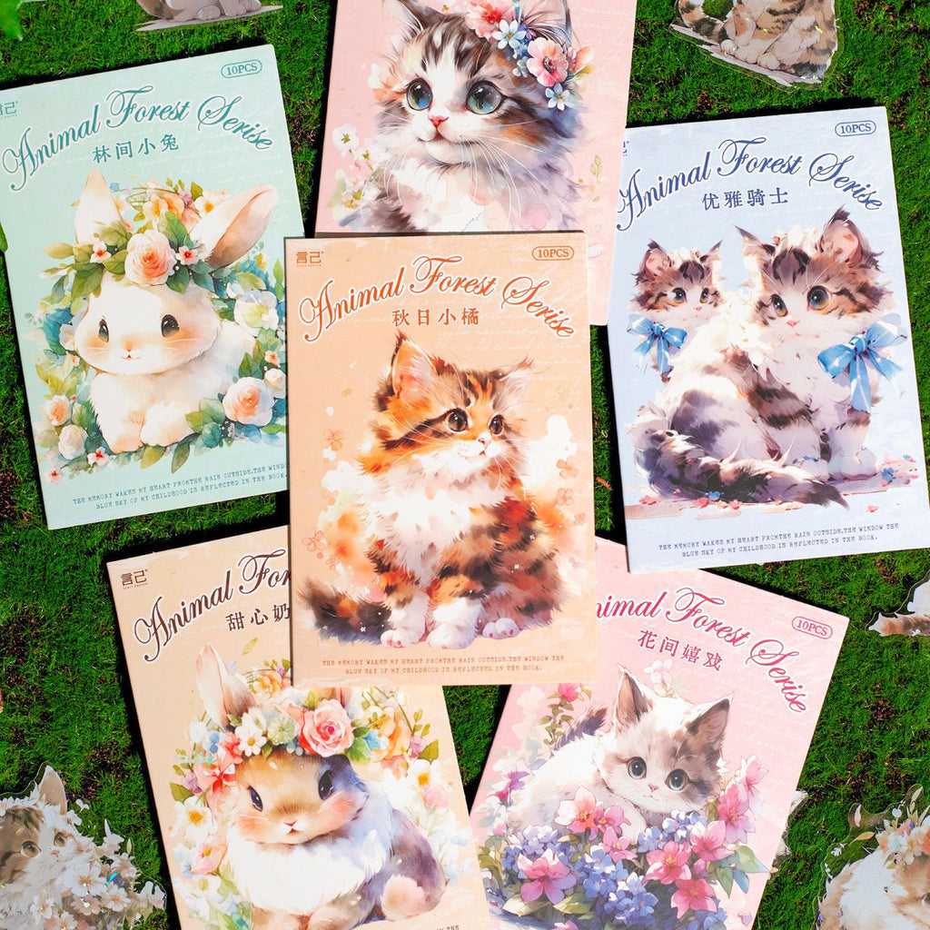 10 Pcs PET Cat and Rabbit Stickers DWSL