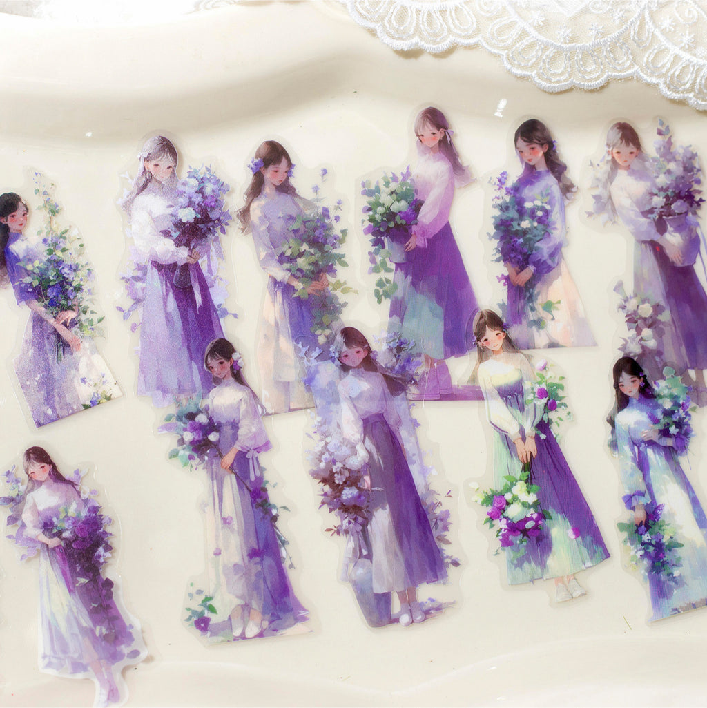 30 Pcs Holding Flowers Girl PET Stickers PHDNH
