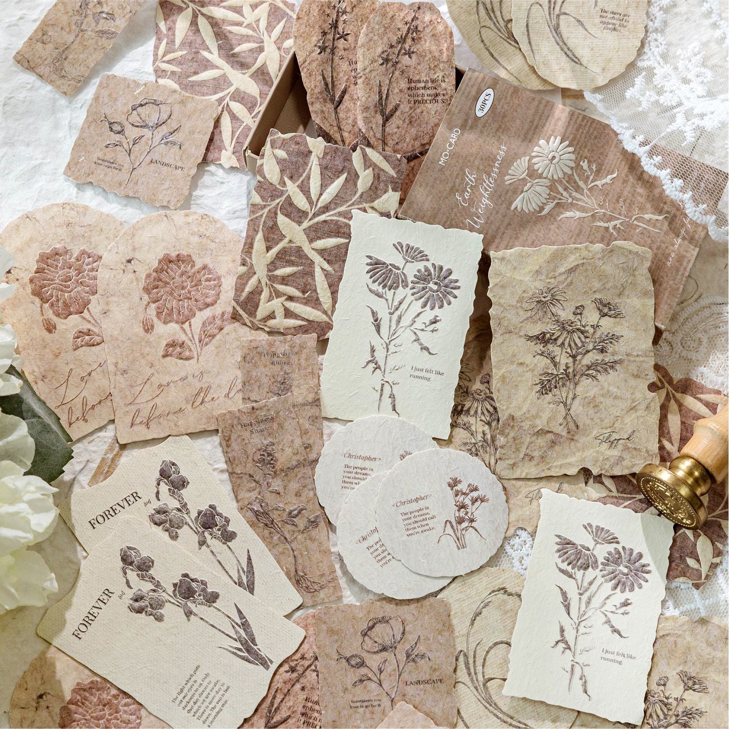 30 Pcs Vintage Ink Botanical Letterpress Paper