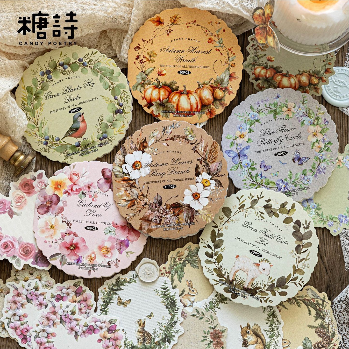 10 Pcs Wreath Themed Embossed Stickers WWZS
