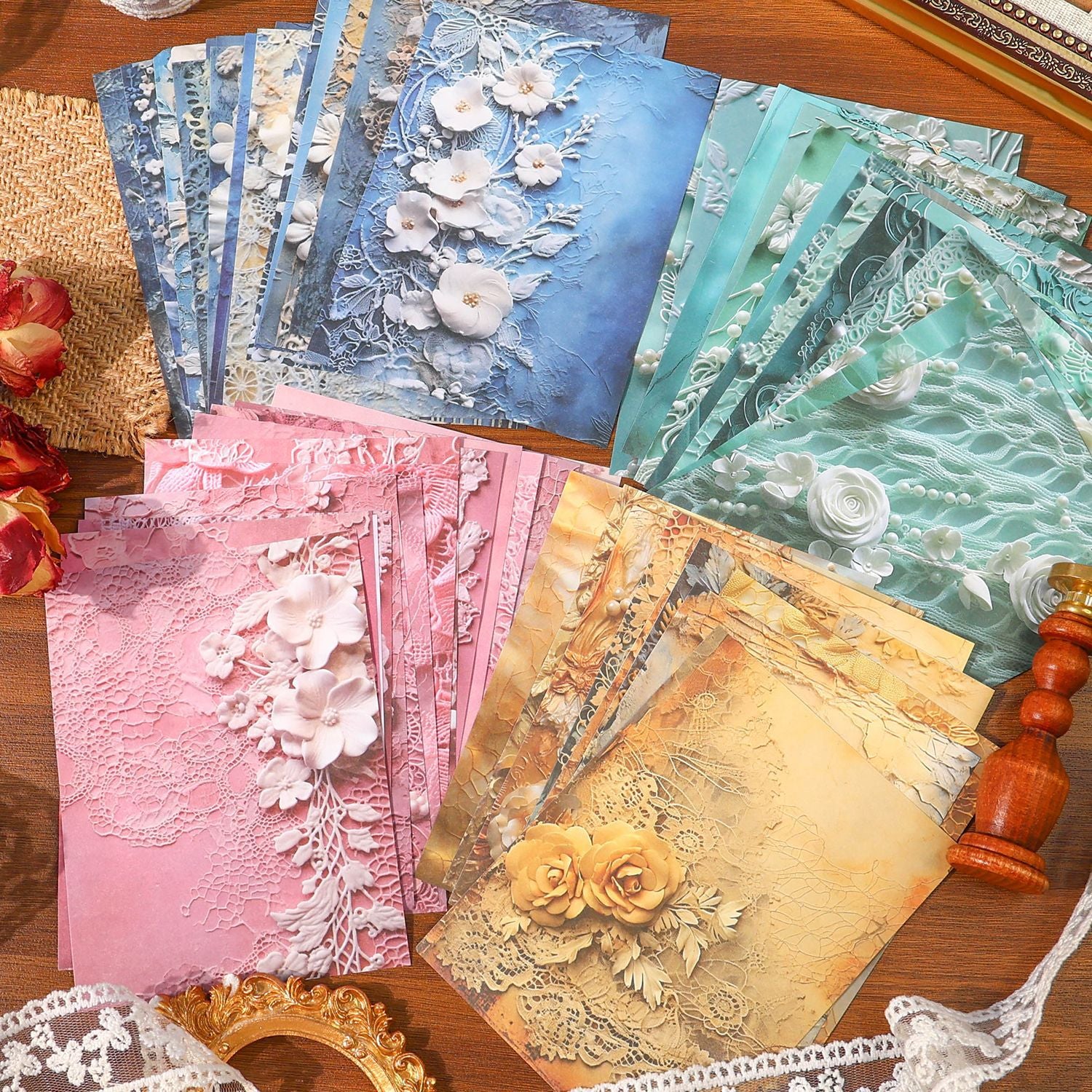 30 Pcs 3D Lace Floral Regal Blue Scrapbook Paper
