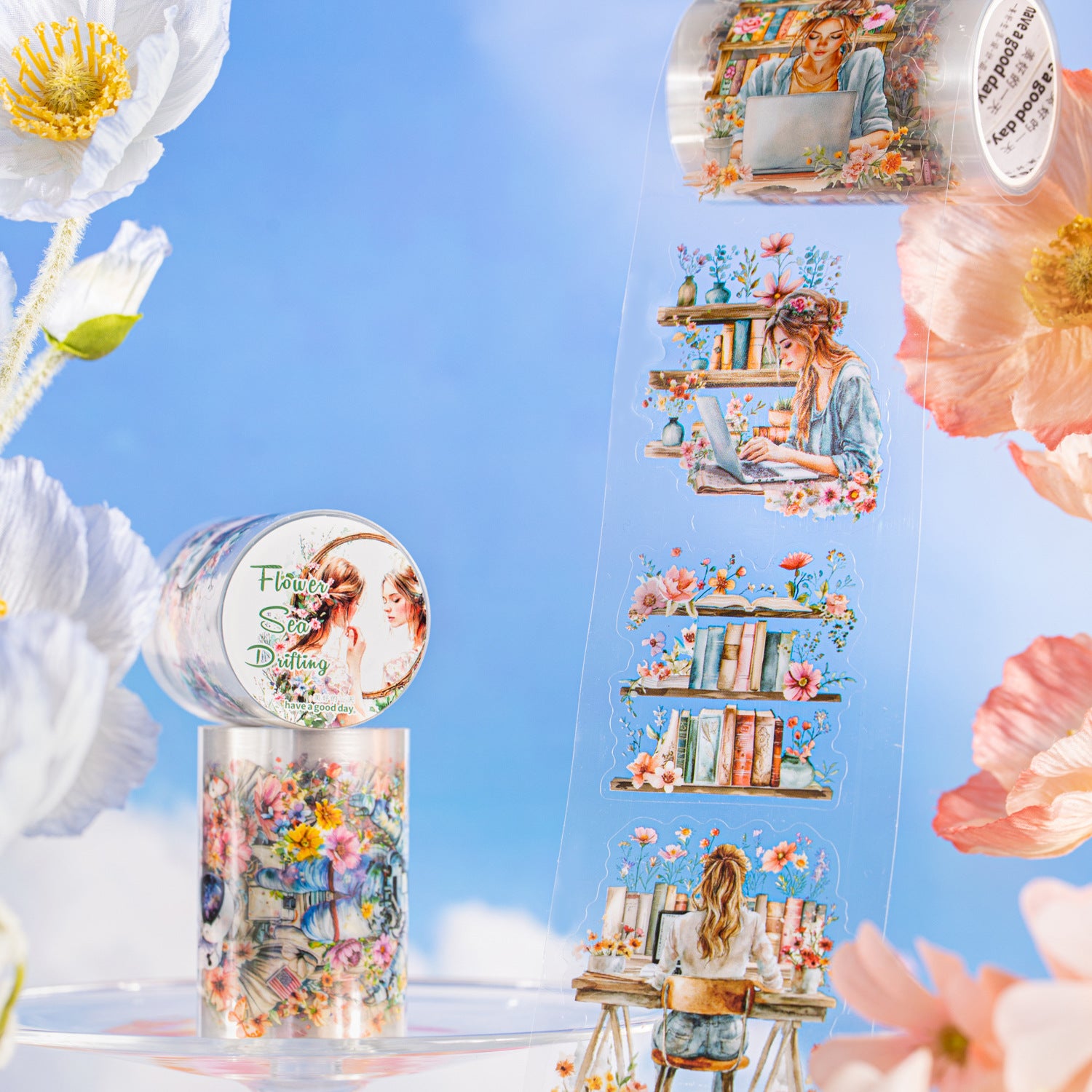 1 Roll Sea of Flowers PET Stickers Tape HHYL