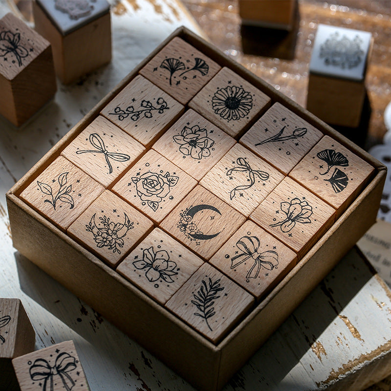 12 Pcs Celestial Flora Vintage Stardust Botanical Wooden Stamp Set