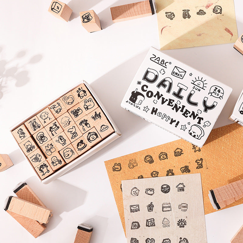 24 Pcs Cute Daily Life Wooden Stamp XQYJ