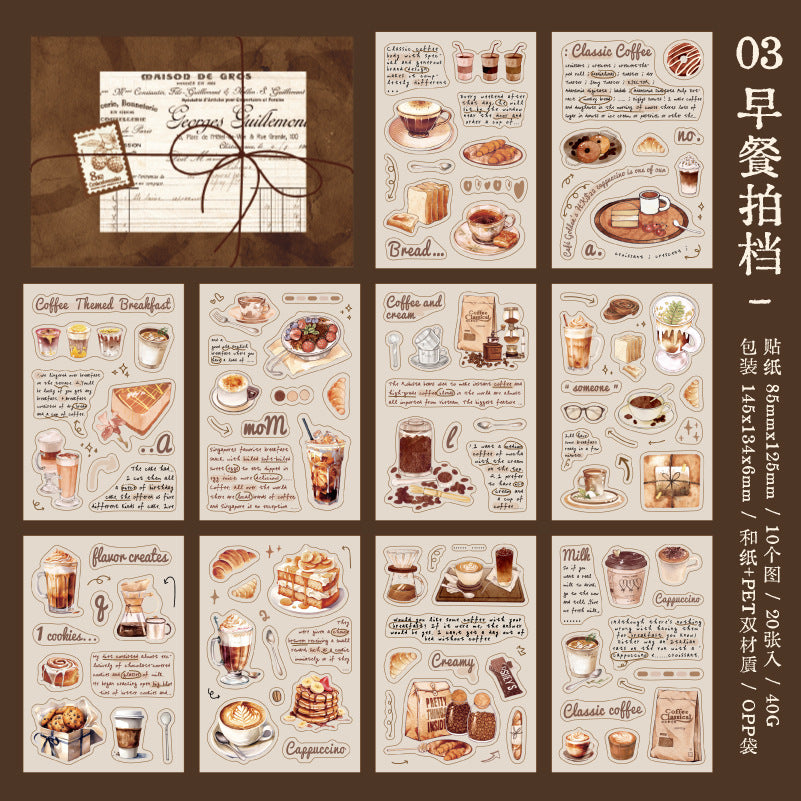 20 Sheets Coffee Themed Washi Stickers and PET Stickers Book KFTY