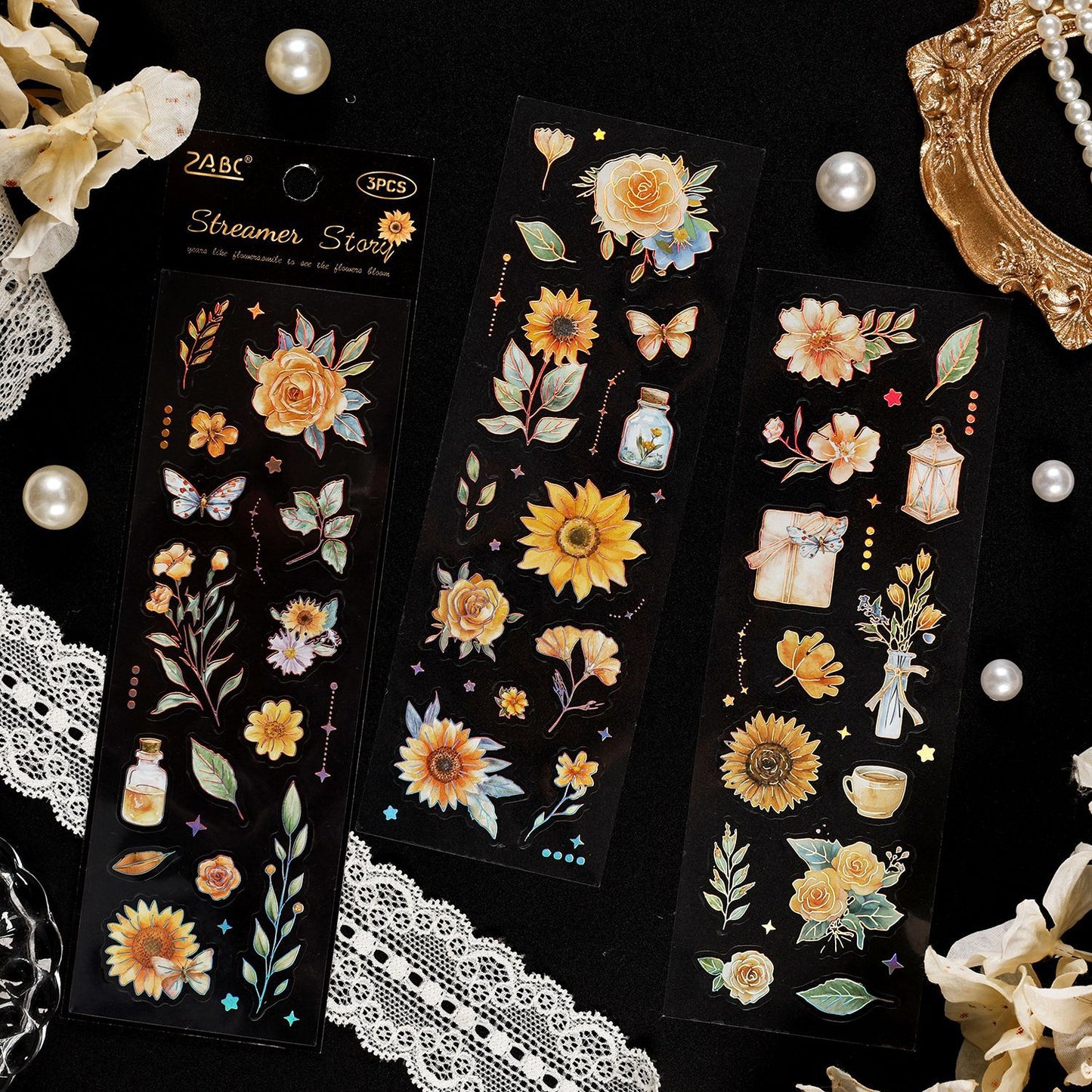 3 Sheets Gold Foil Vintage Flower Stickers WYJX