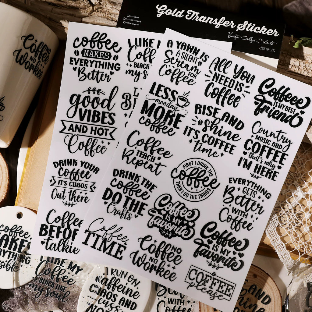 2 Sheets Waterproof Rub on Stickers - Coffee Words