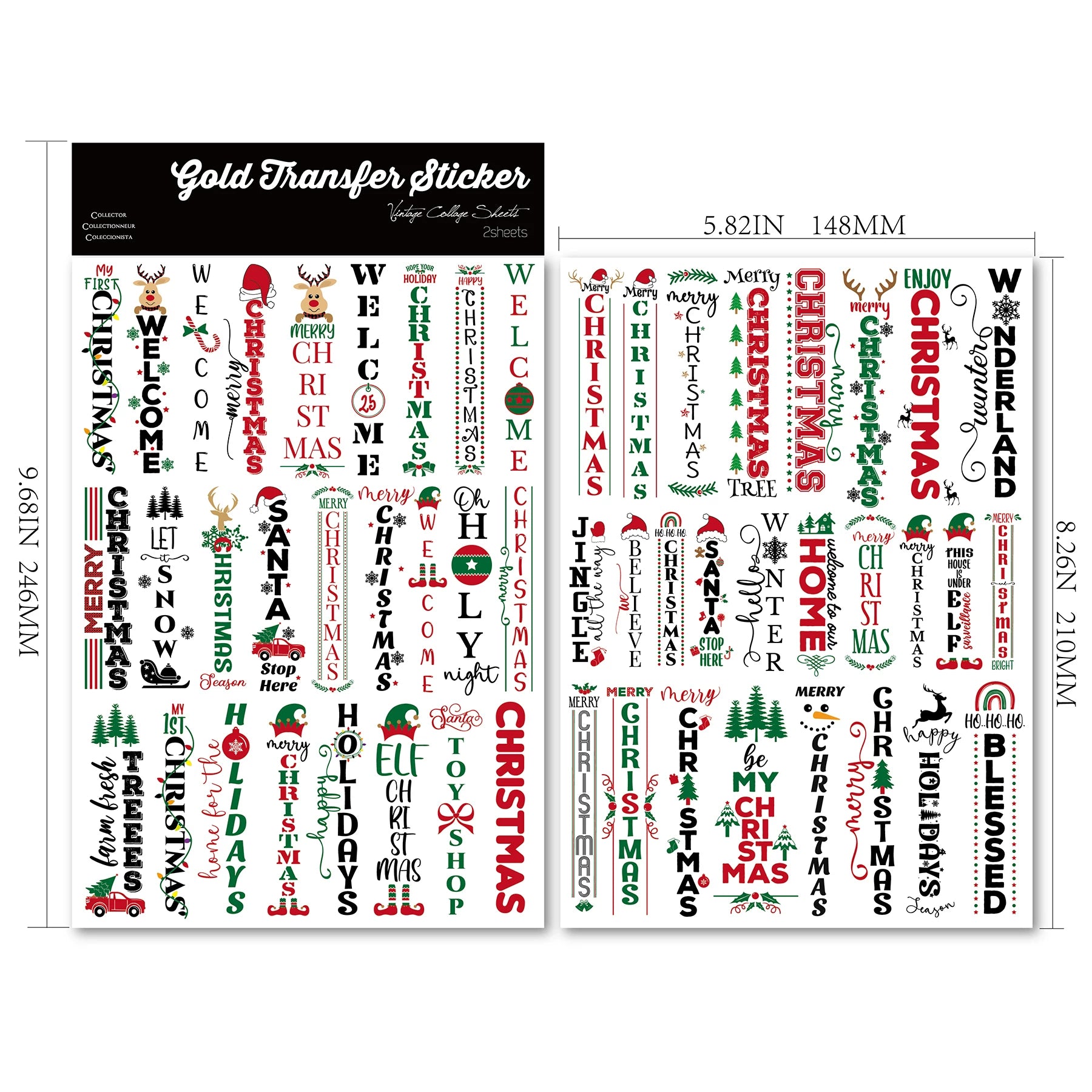 2 Sheets Waterproof Rub on Stickers - Christsmas Words