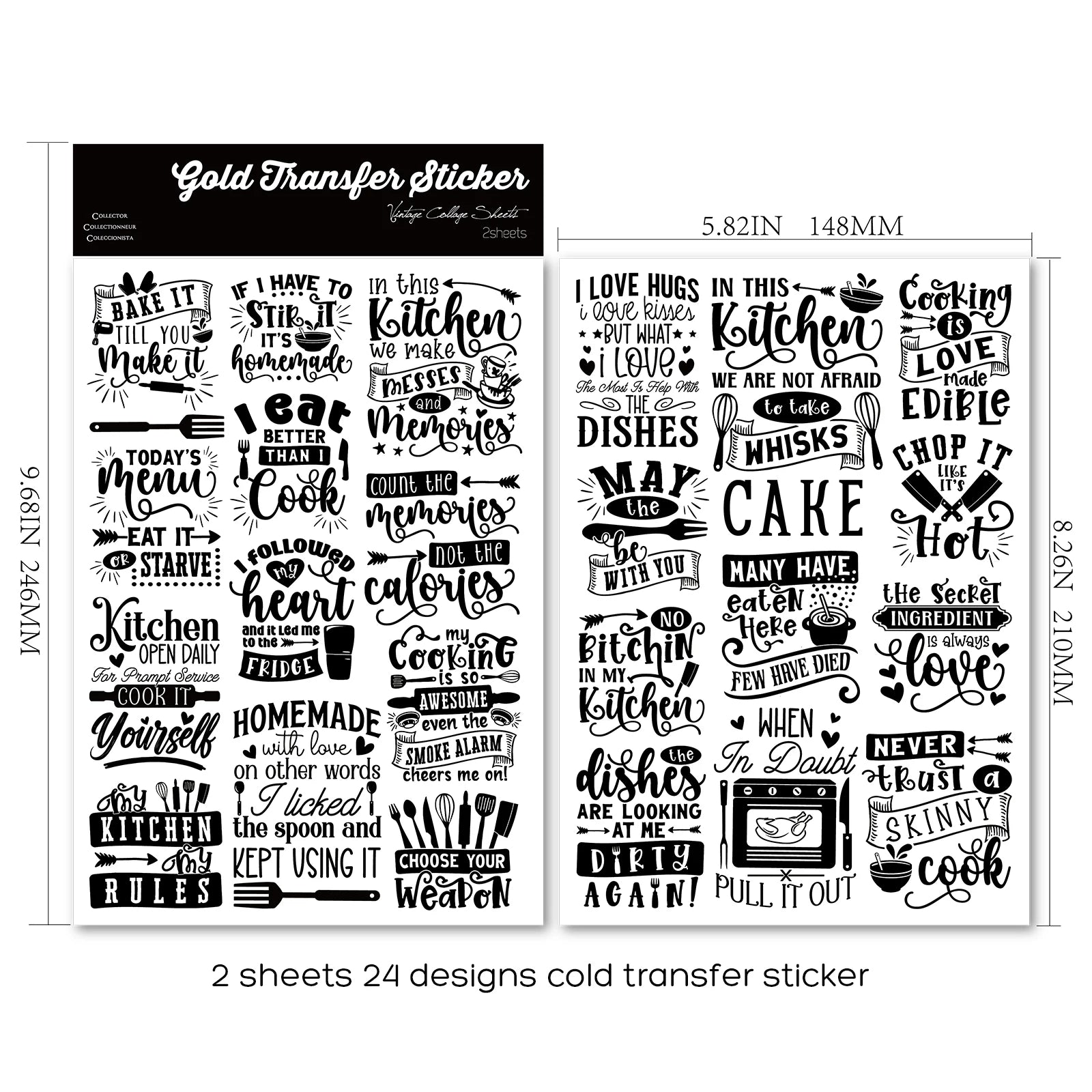 2 Sheets Waterproof Rub on Stickers - Kitchen Words