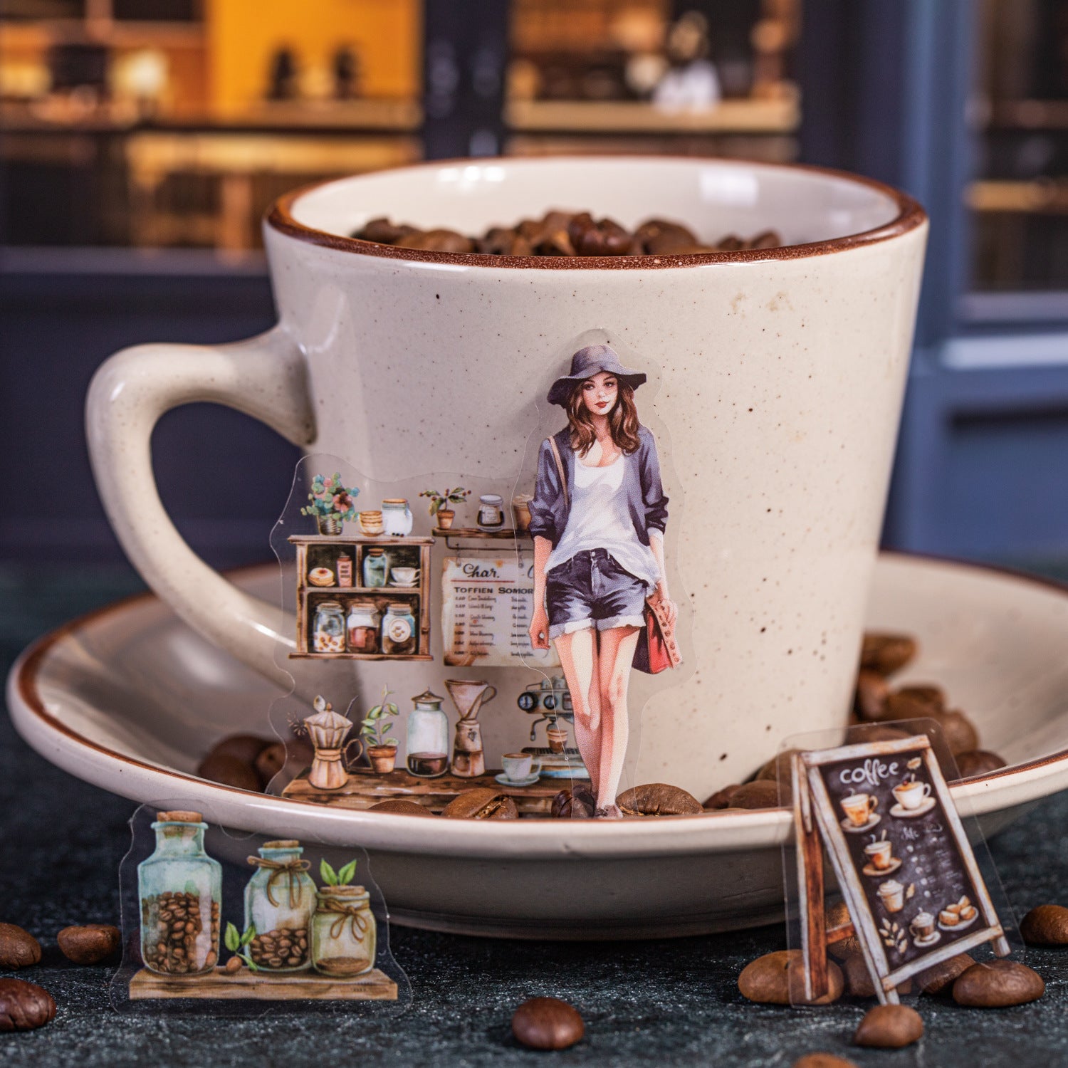 15 Pcs Coffee Theme PET Stickers KFJS