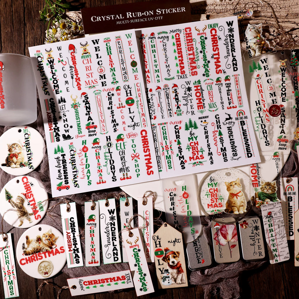 2 Sheets Waterproof Rub on Stickers - Christsmas Words