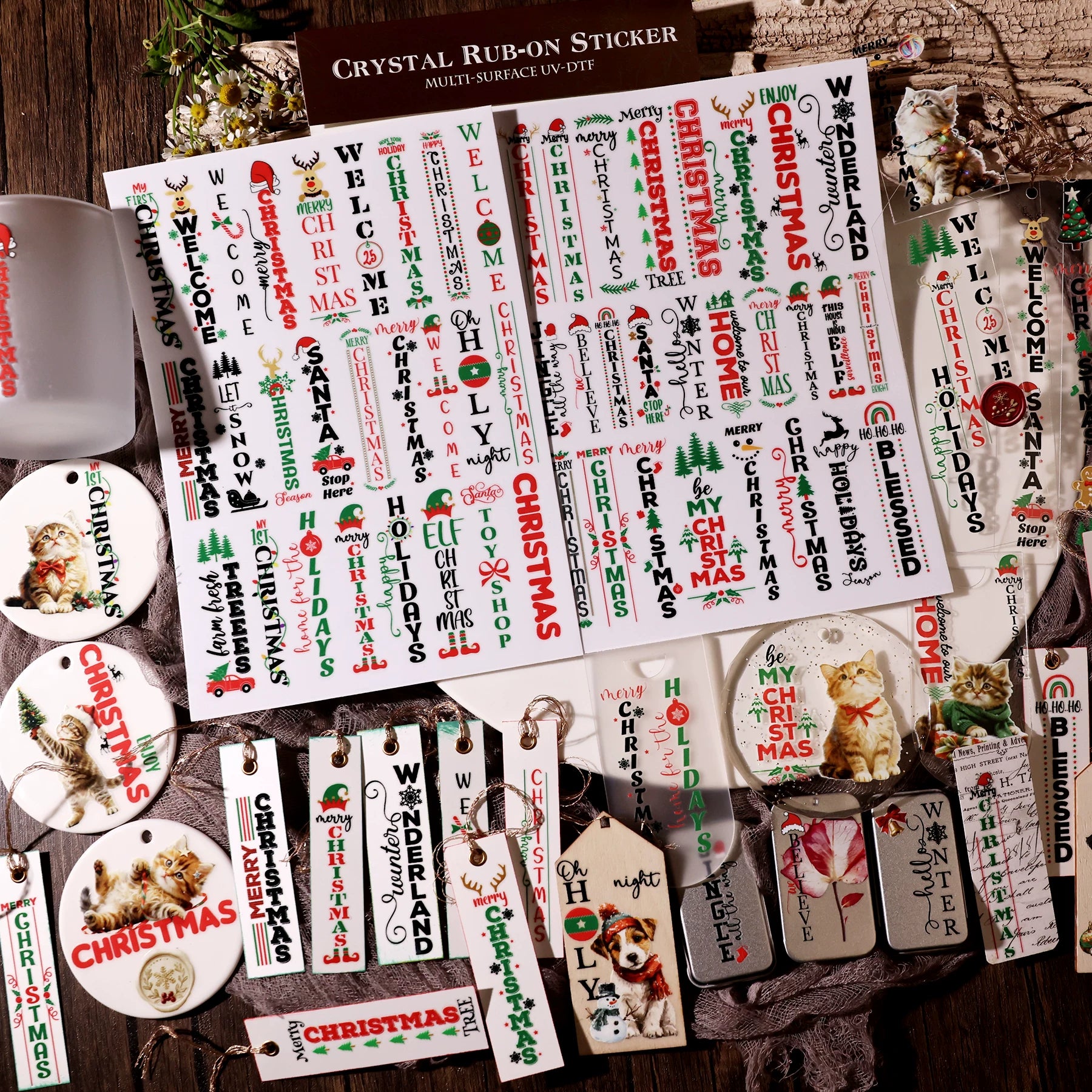 2 Sheets Waterproof Rub on Stickers - Christsmas Words