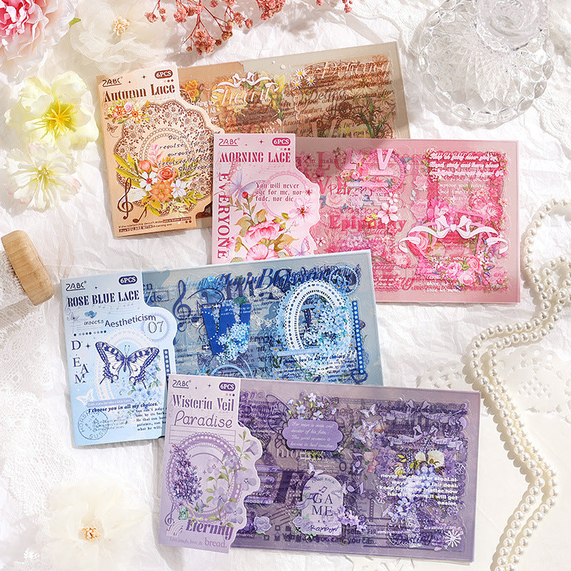 6 Sheets Lace Theme PET Stickers SLFH