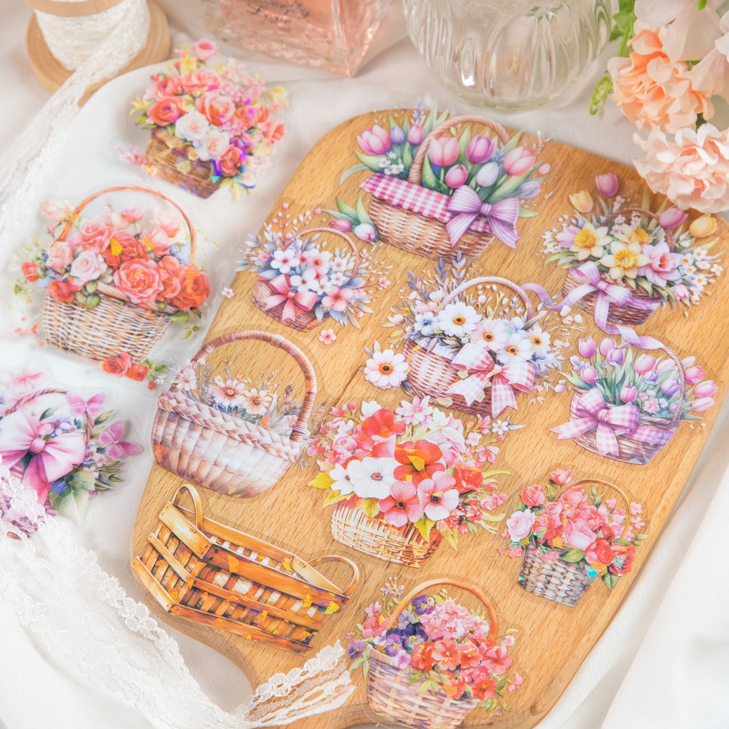 12 Pcs Flower Basket PET Stickers CRCH