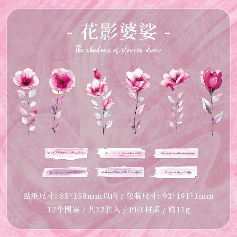 12 Pcs Flower and Sentence PET Stickers WYHK