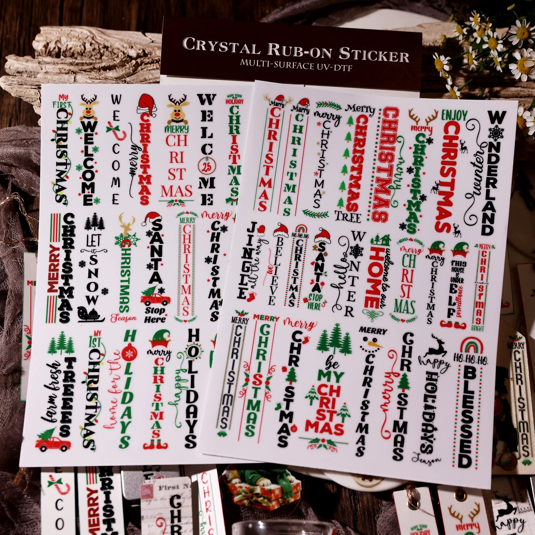 2 Sheets Waterproof Rub on Stickers - Christsmas Words