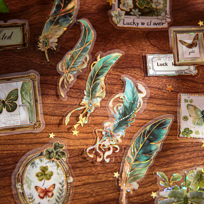 15 Pcs Gold Foil Vintage Feather PET Stickers YYPZ