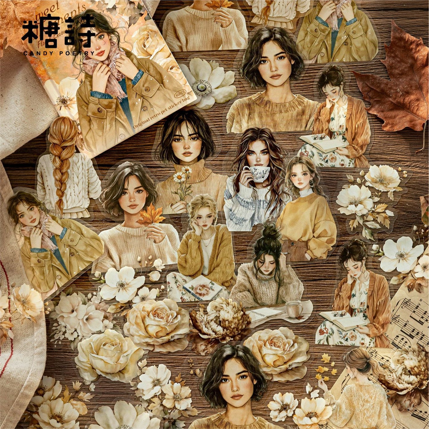 40 Pcs Cozy Girl and Flower PET Stickers FHXH