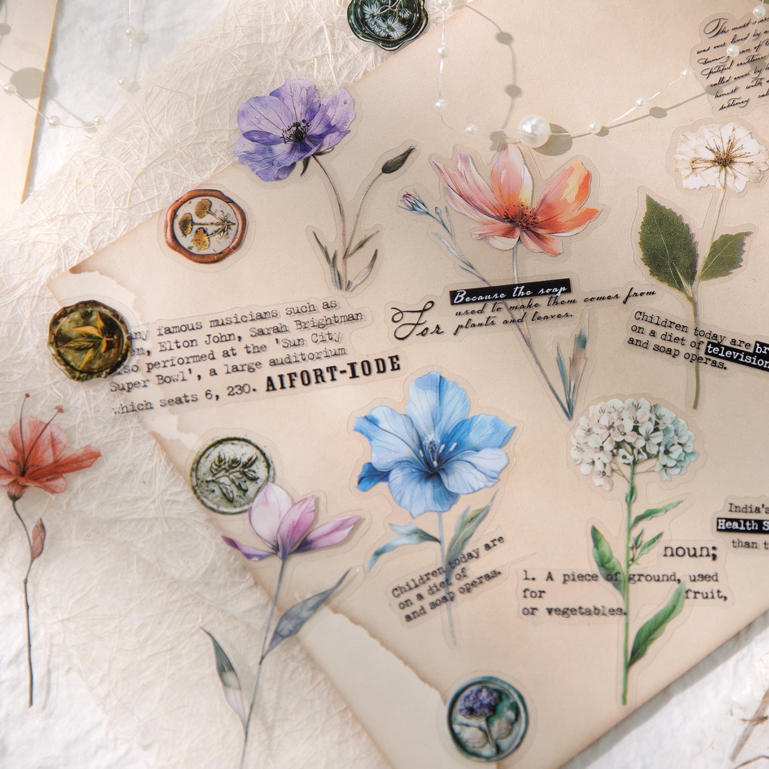 40 Pcs Pressed Flower and Wax Seal PET Stickers LMYZ