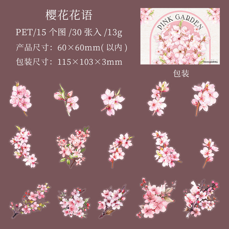 30 Pcs Pink Flower PET Stickers FZHY