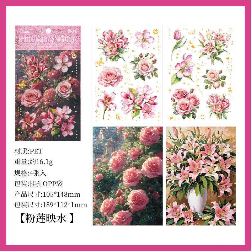 4 Sheets PET Flower Stickers HYXF