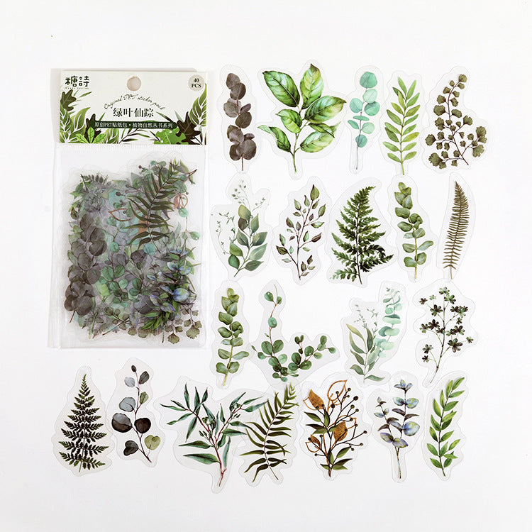 40 Pcs Green Leaf PET Stickers