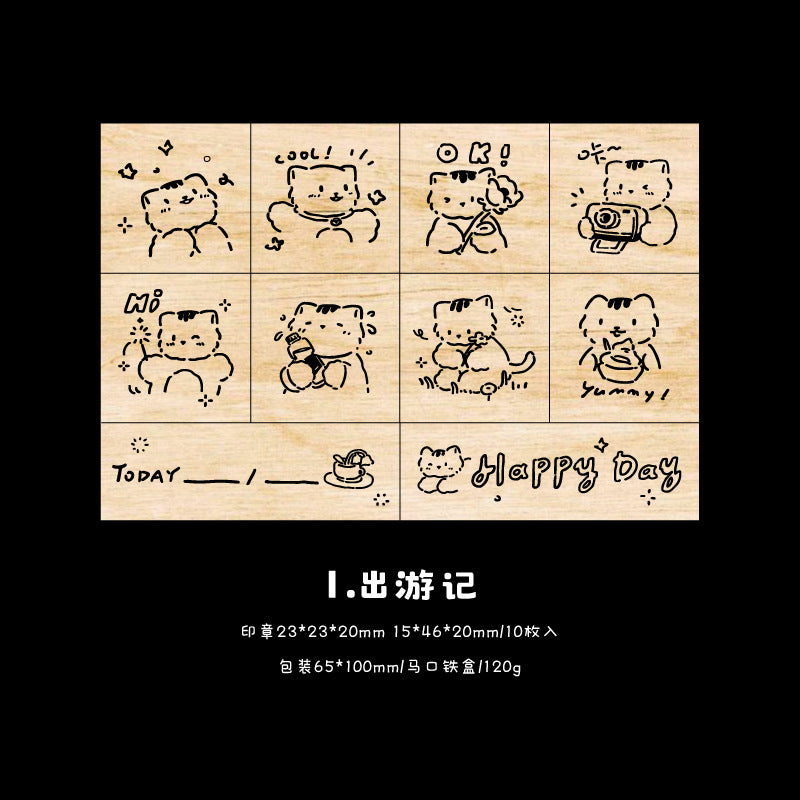 10 Pcs Cat Wooden Stamp Set MXRW