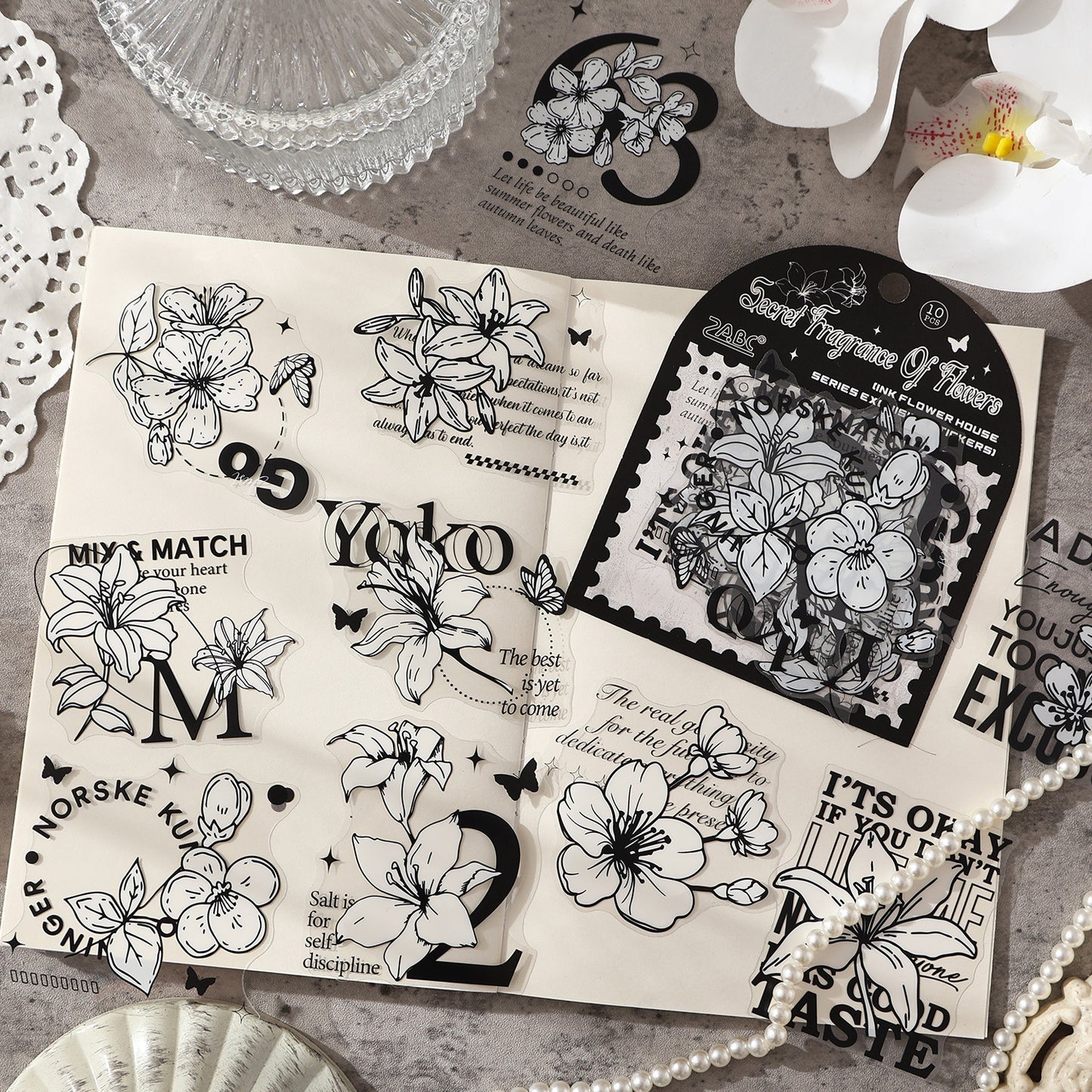 10 Pcs Black White Collage PET Stickers MSHF