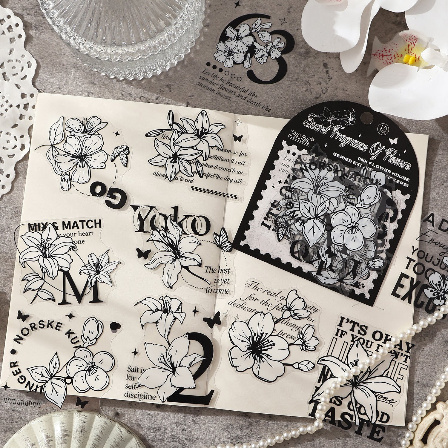 10 Pcs Black White Collage PET Stickers MSHF