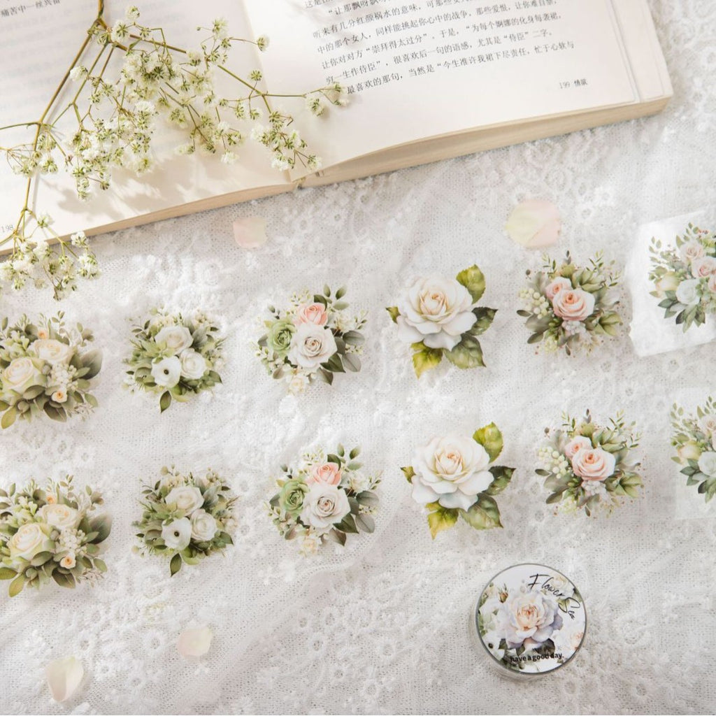 Romantic Watercolor Botanical Wreath Die-Cut PET Tape- White Flower