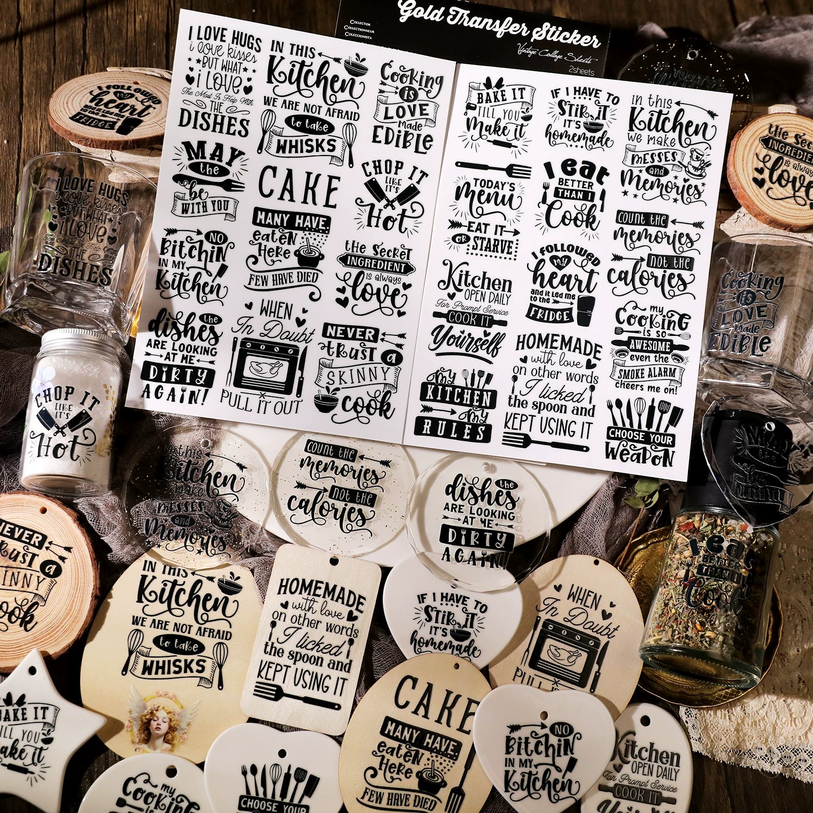 2 Sheets Waterproof Rub on Stickers - Kitchen Words