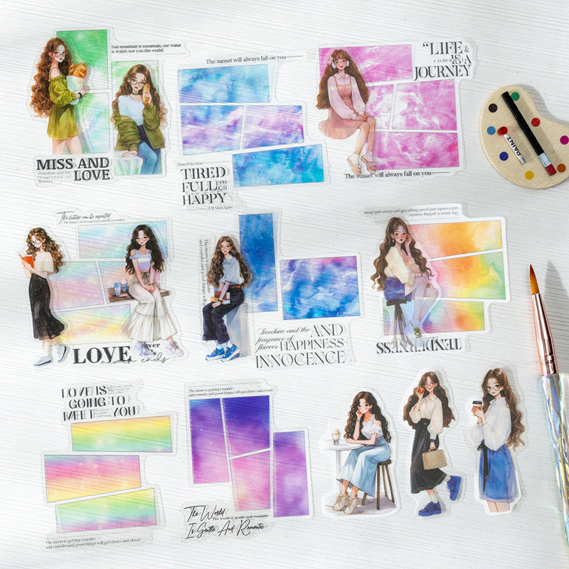 10 Pcs Watercolor Mood Girl PET Stickers ANBLXQ